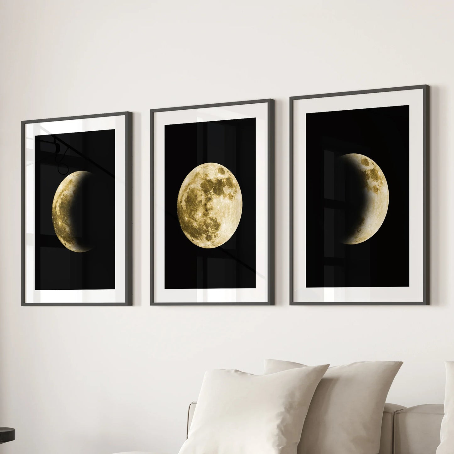 Celestial Moon Wall Art Set – 3 Piece (Gold Full Moon & Phases)