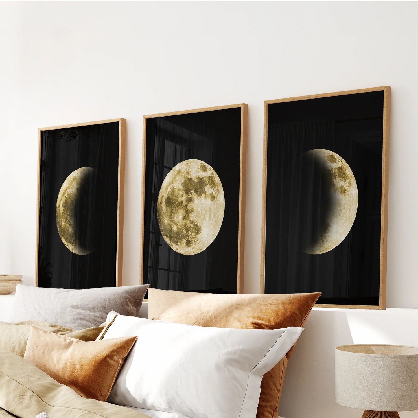 Celestial Moon Wall Art Set – 3 Piece (Gold Full Moon & Phases)
