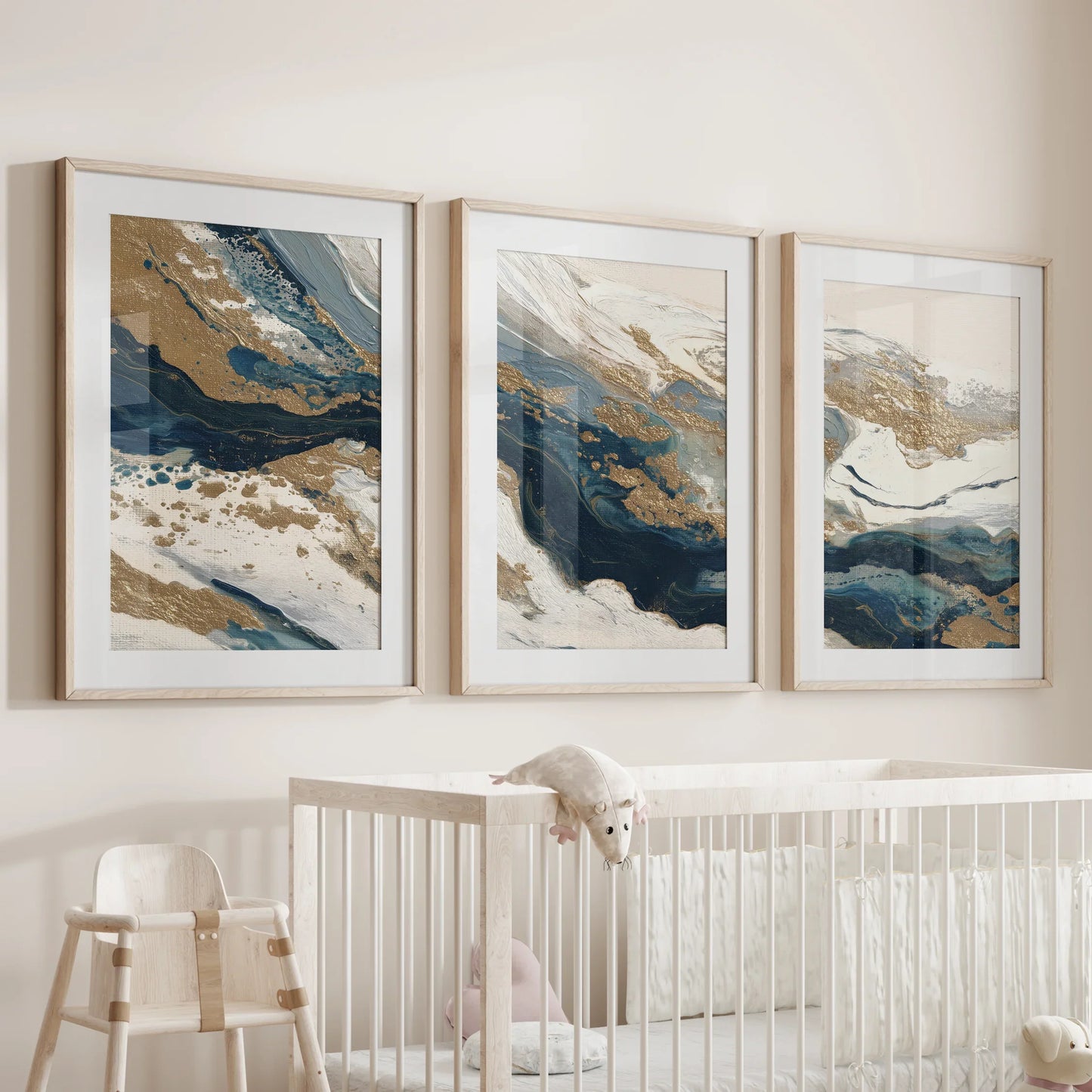 Gilded Tides – Blue & Gold Abstract Canvas Set (3 Piece)