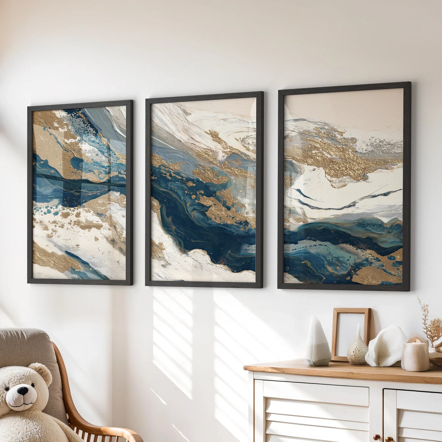 Gilded Tides – Blue & Gold Abstract Canvas Set (3 Piece)