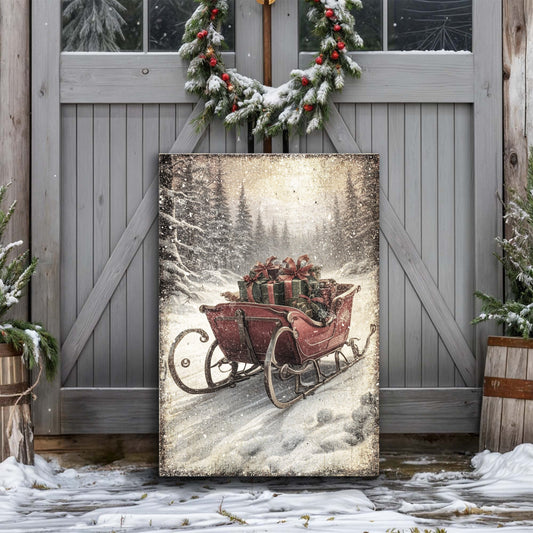 A Sleigh Full of Christmas Wishes, Vintage Christmas Sleigh Canvas Wall Art, Rustic Holiday Decor
