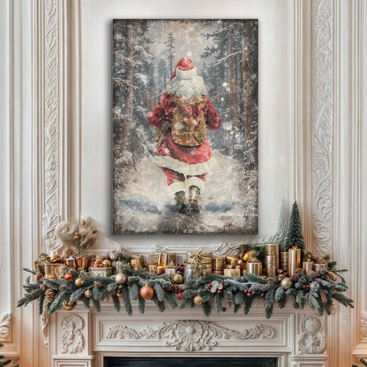 The Road to Christmas, Vintage Santa Canvas Wall Art, Rustic Holiday Decor