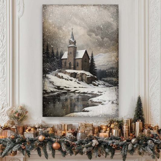 Christmas Eve Chapel, Church Canvas Wall Art, Vintage Holiday Decor