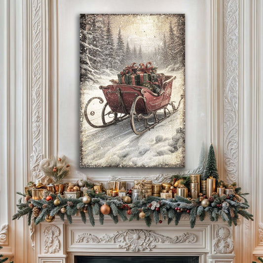 A Sleigh Full of Christmas Wishes, Vintage Christmas Sleigh Canvas Wall Art, Rustic Holiday Decor