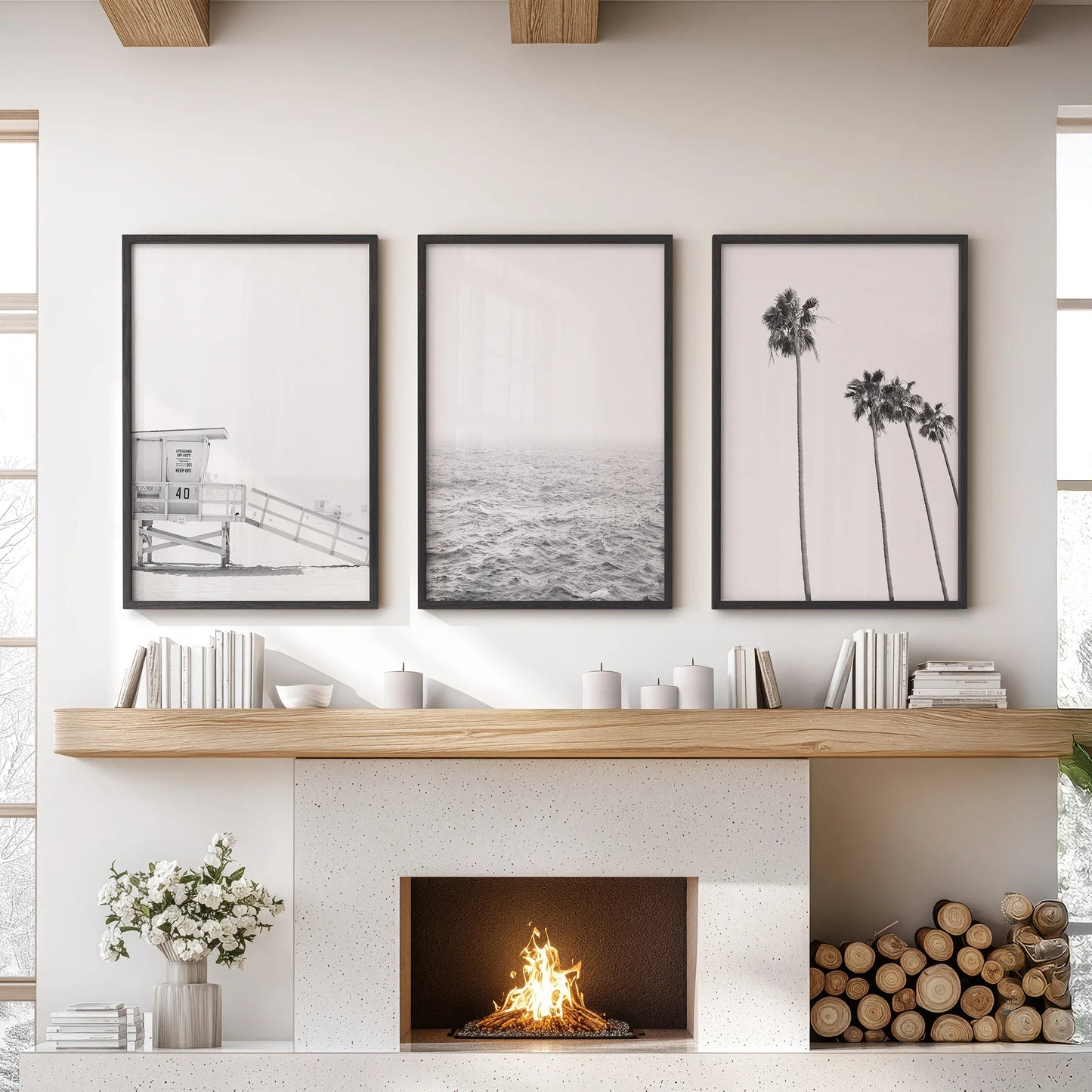 Black White Coastal Wall Art Set: Palms, Ocean, Lifeguard – Minimal Coastal Wall Art