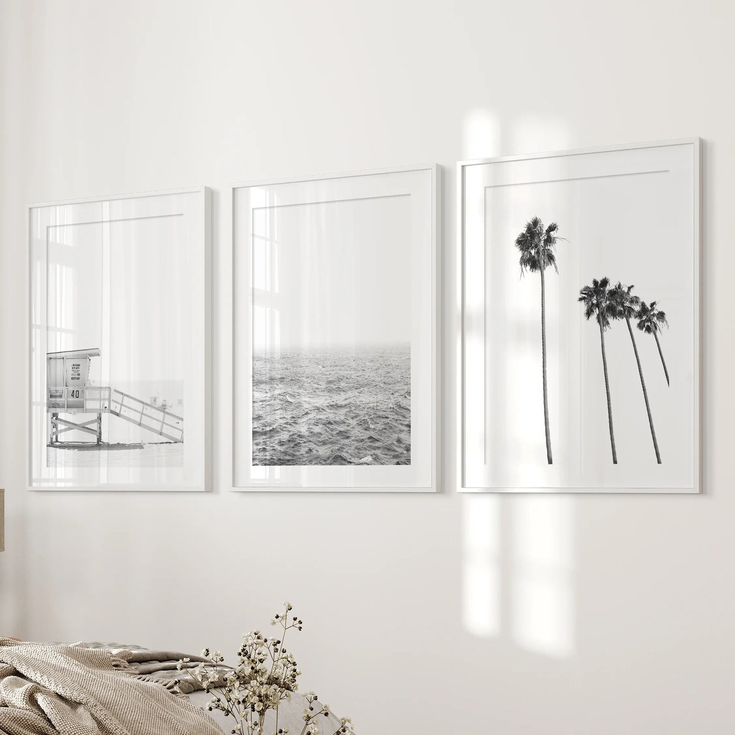 Black White Coastal Wall Art Set: Palms, Ocean, Lifeguard – Minimal Coastal Wall Art
