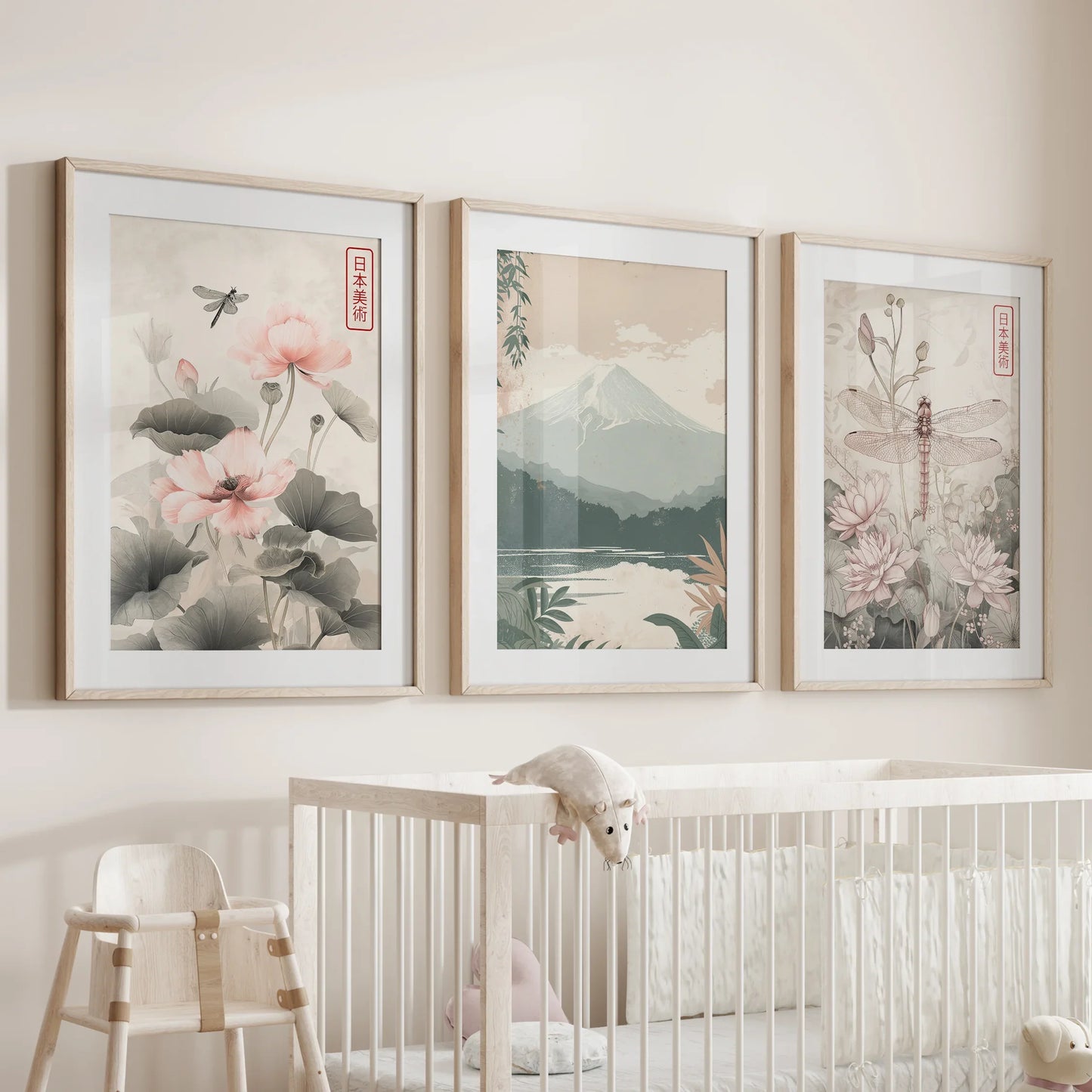 Japandi Style Floral & Mountain – 3 Piece Wall Art Set