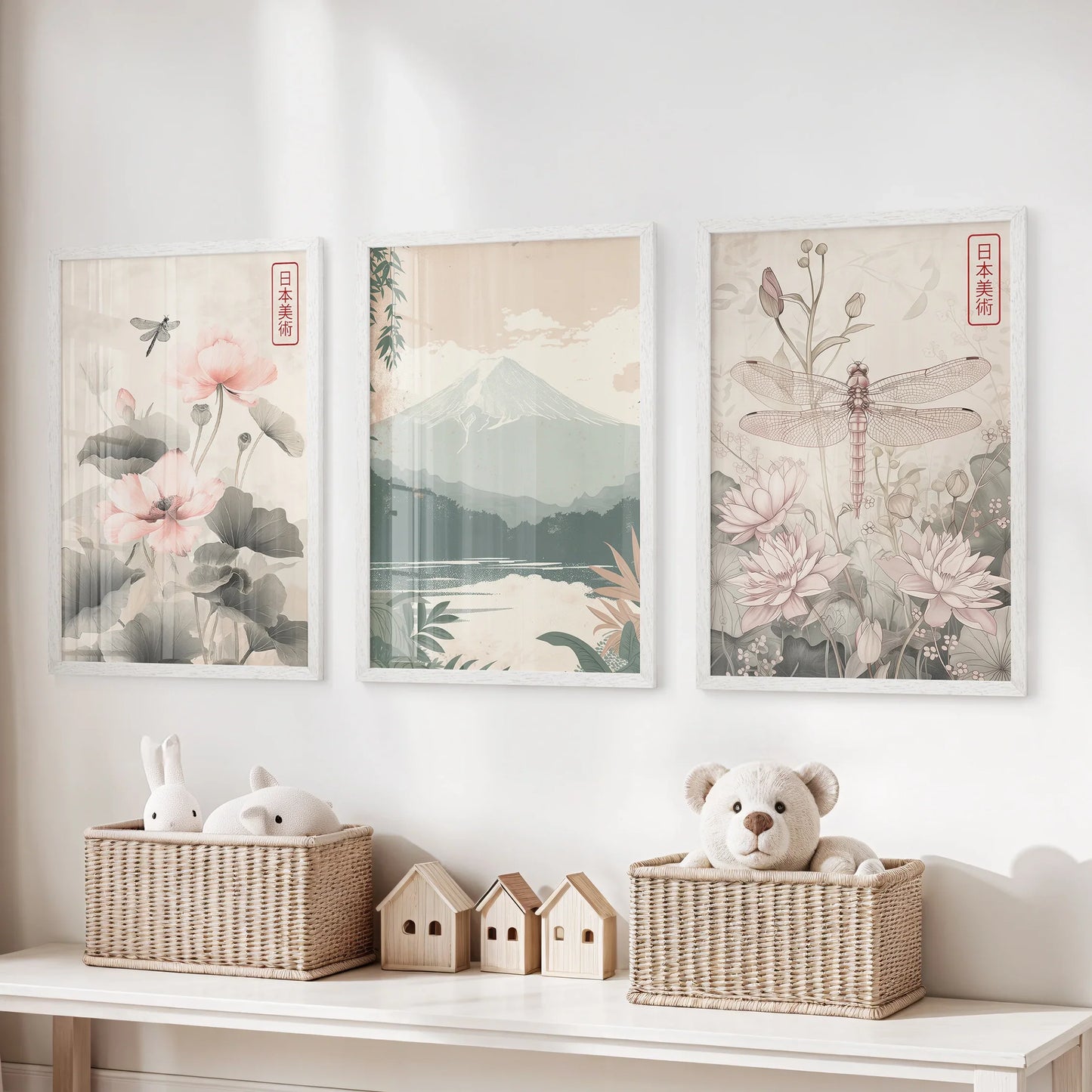 Japandi Style Floral & Mountain – 3 Piece Wall Art Set
