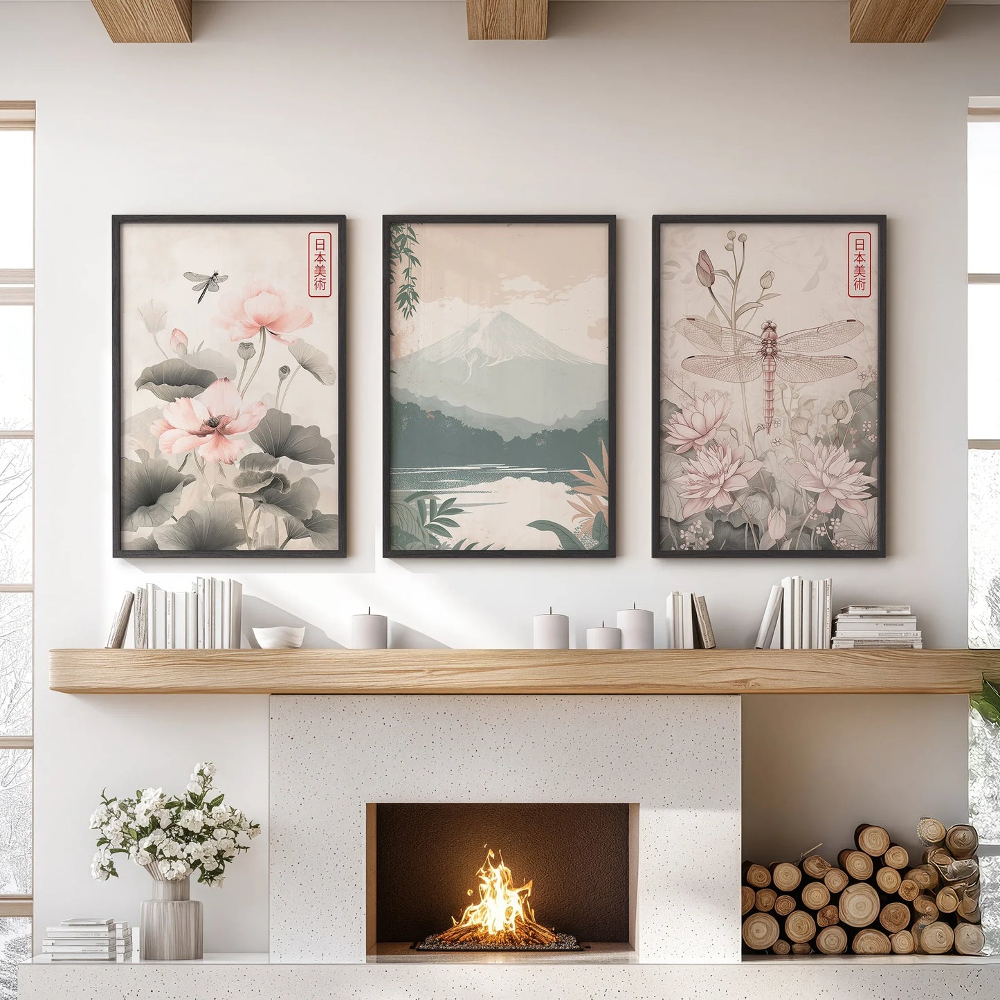 Japandi Style Floral & Mountain – 3 Piece Wall Art Set