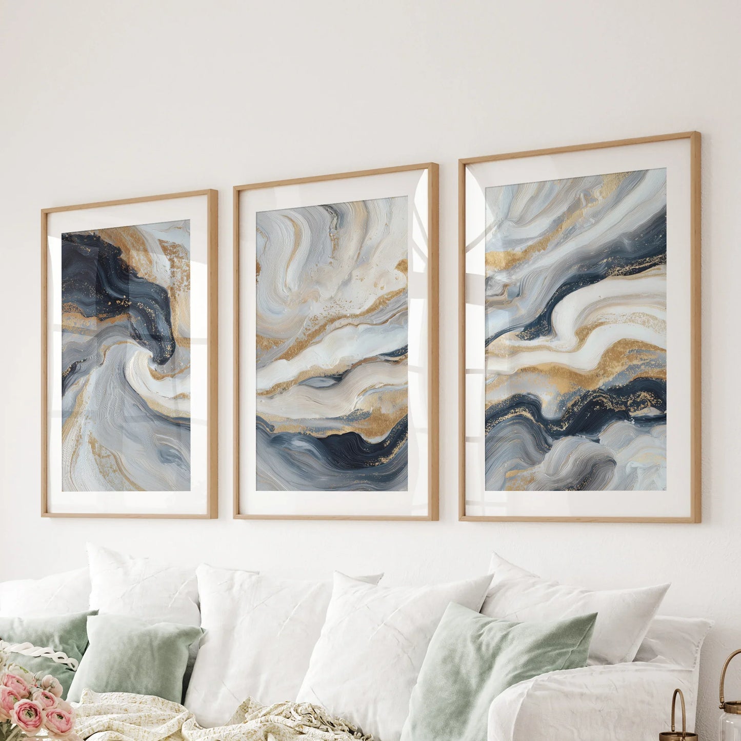 3 Piece Modern Abstract Marble Wall Art – Navy Blue & Gold