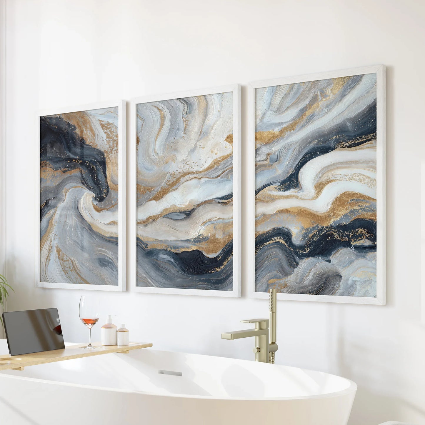 3 Piece Modern Abstract Marble Wall Art – Navy Blue & Gold