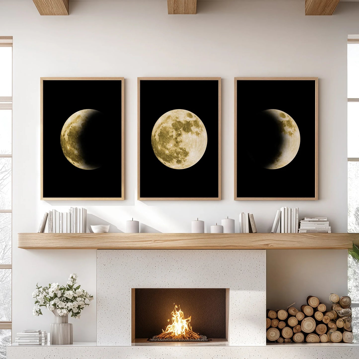Celestial Moon Wall Art Set – 3 Piece (Gold Full Moon & Phases)