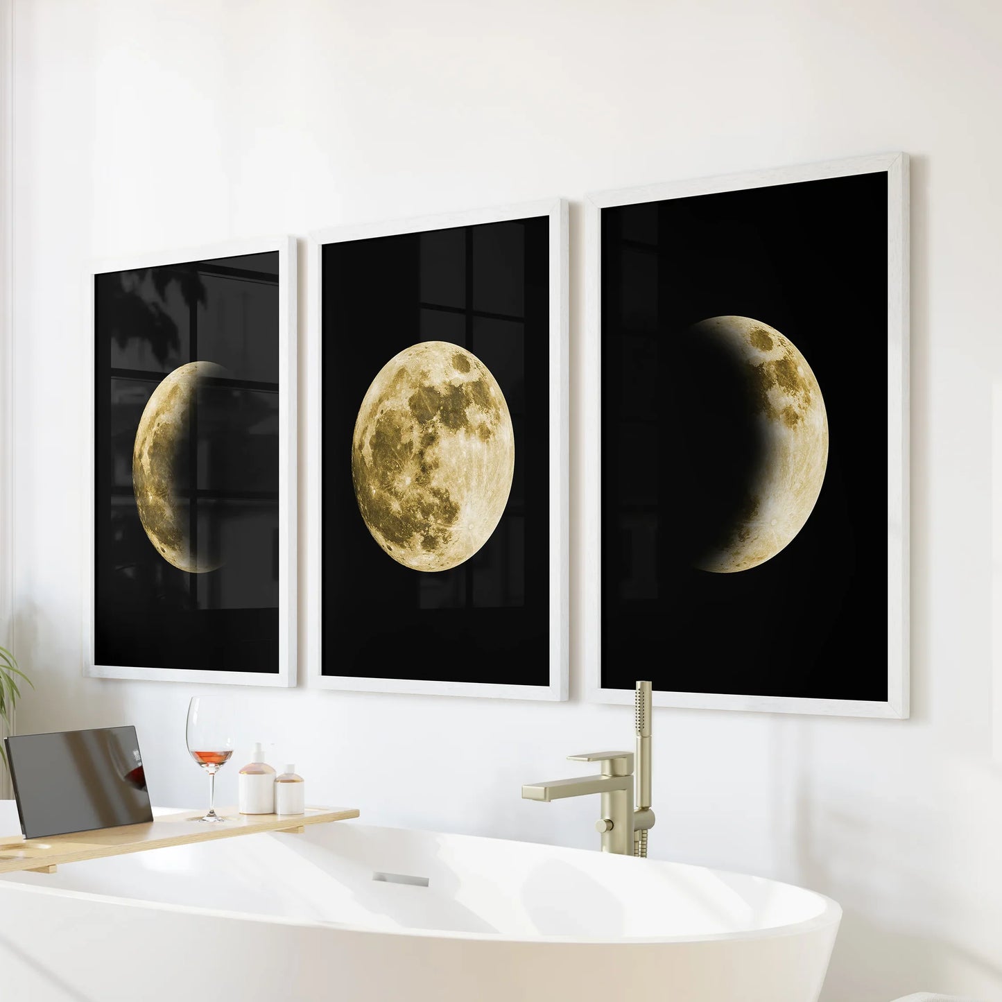 Celestial Moon Wall Art Set – 3 Piece (Gold Full Moon & Phases)