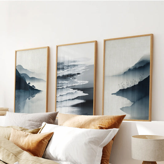 Minimalist Mountain Lake Set of 3 – Modern Landscape Wall Art