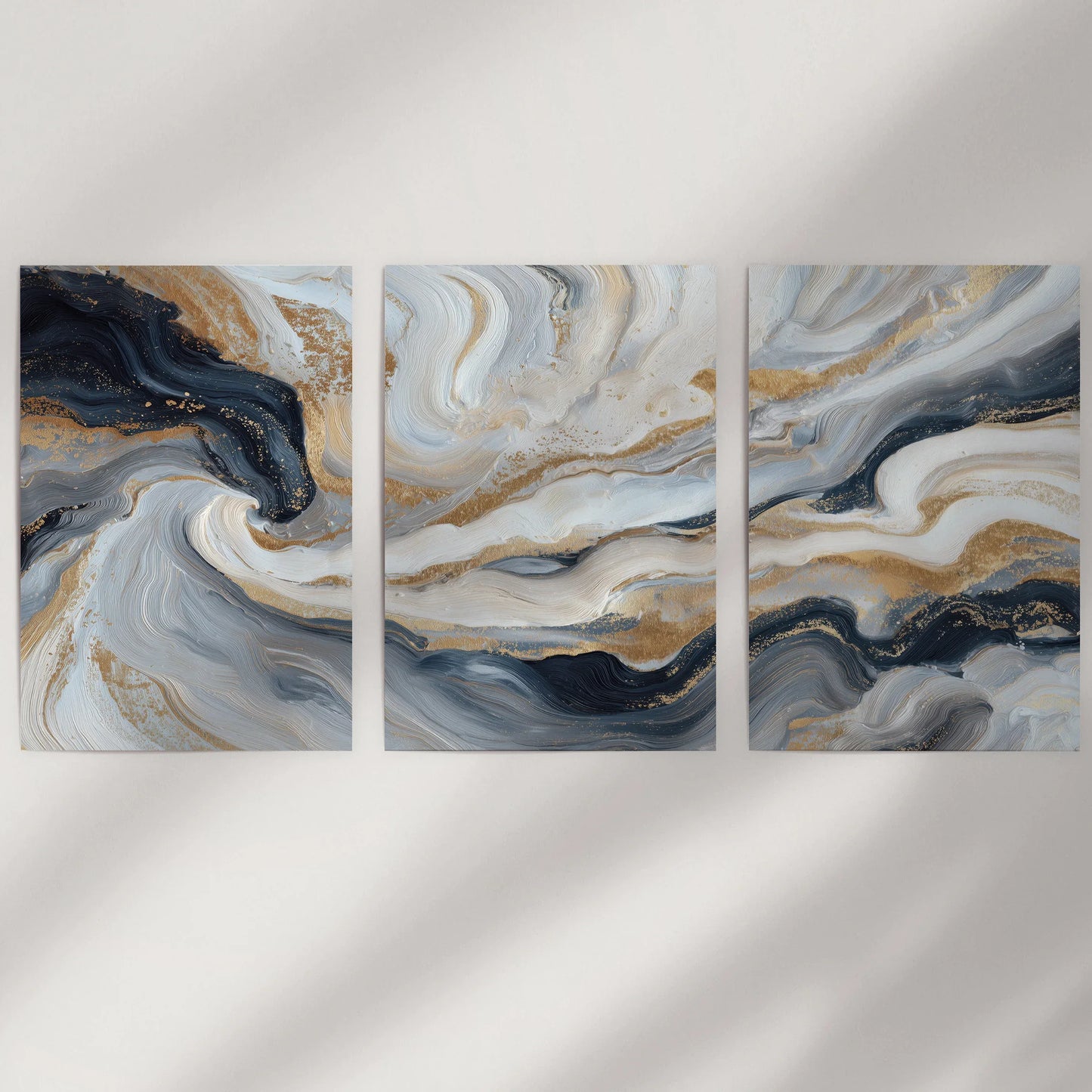 3 Piece Modern Abstract Marble Wall Art – Navy Blue & Gold