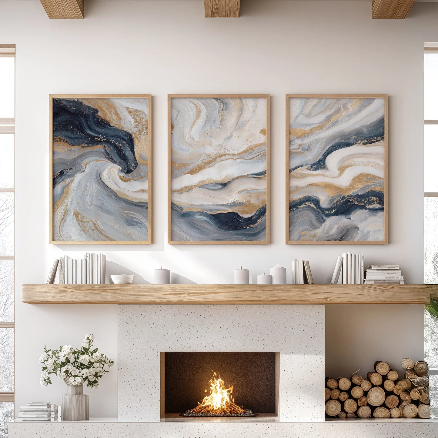 3 Piece Modern Abstract Marble Wall Art – Navy Blue & Gold