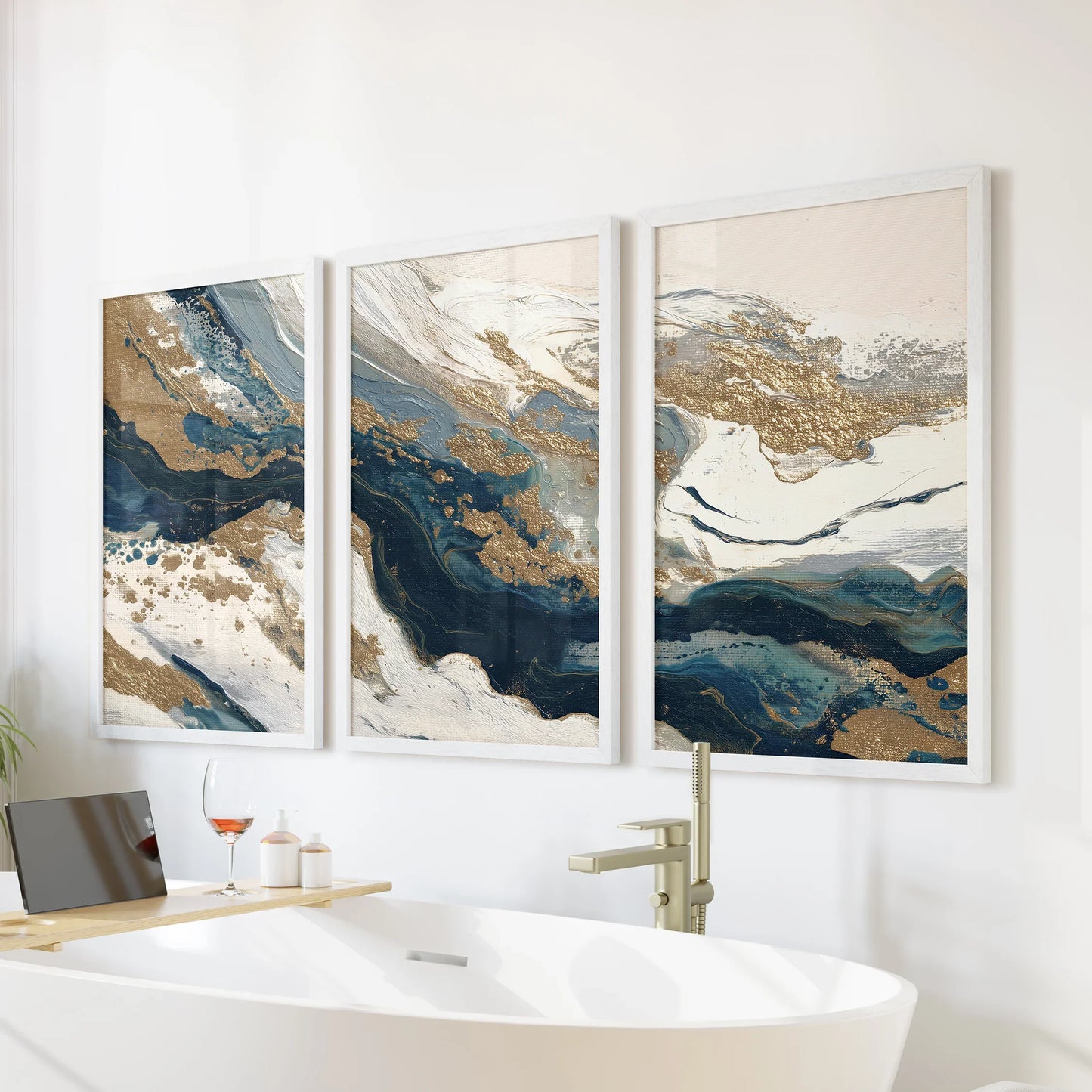 Gilded Tides – Blue & Gold Abstract Canvas Set (3 Piece)