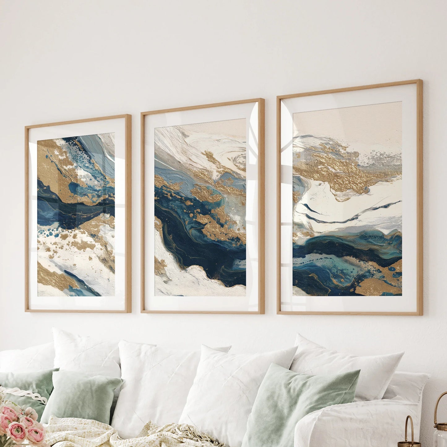 Gilded Tides – Blue & Gold Abstract Canvas Set (3 Piece)