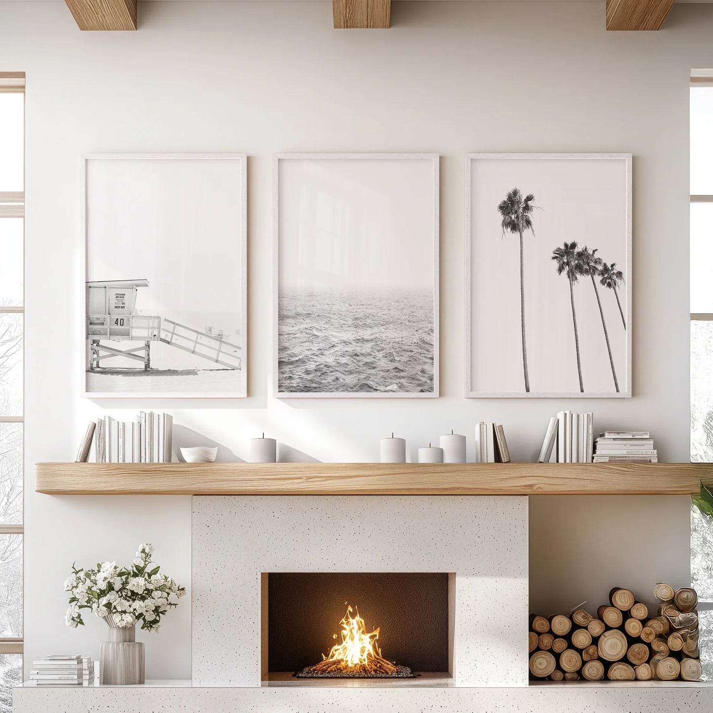 Black White Coastal Wall Art Set: Palms, Ocean, Lifeguard – Minimal Coastal Wall Art
