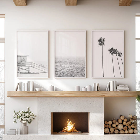 Black White Coastal Wall Art Set: Palms, Ocean, Lifeguard – Minimal Coastal Wall Art