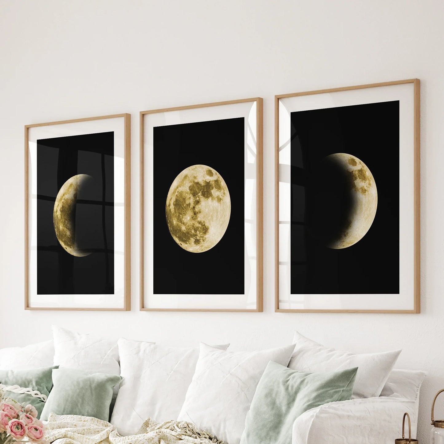 Celestial Moon Wall Art Set – 3 Piece (Gold Full Moon & Phases)