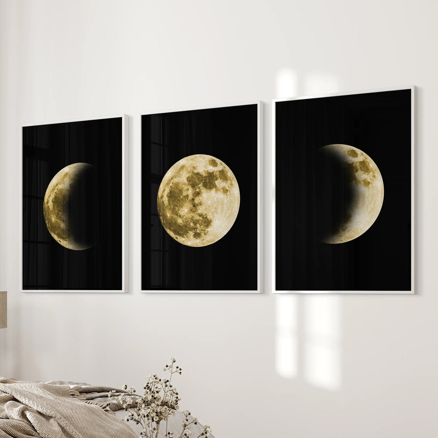 Celestial Moon Wall Art Set – 3 Piece (Gold Full Moon & Phases)