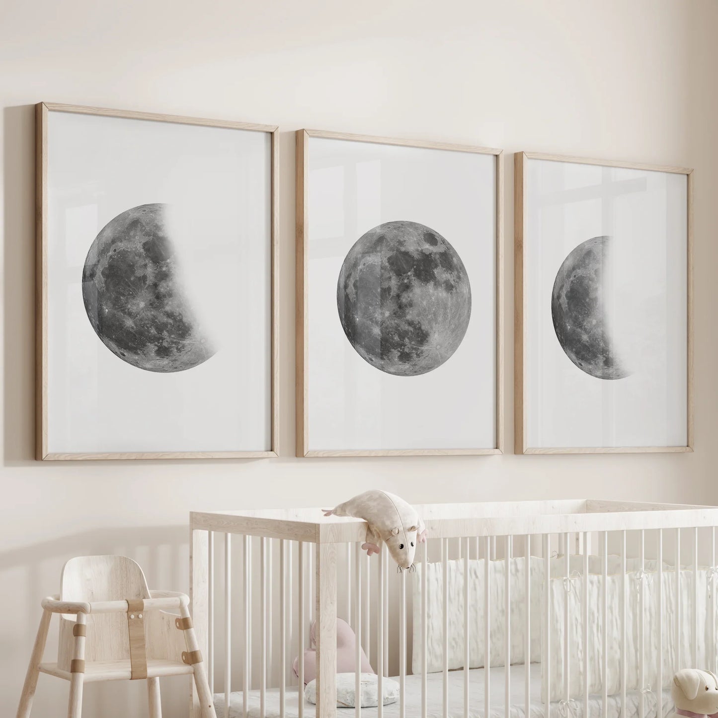 Moon Phases Set of 3 Prints – Black & White Lunar Cycle Wall Art
