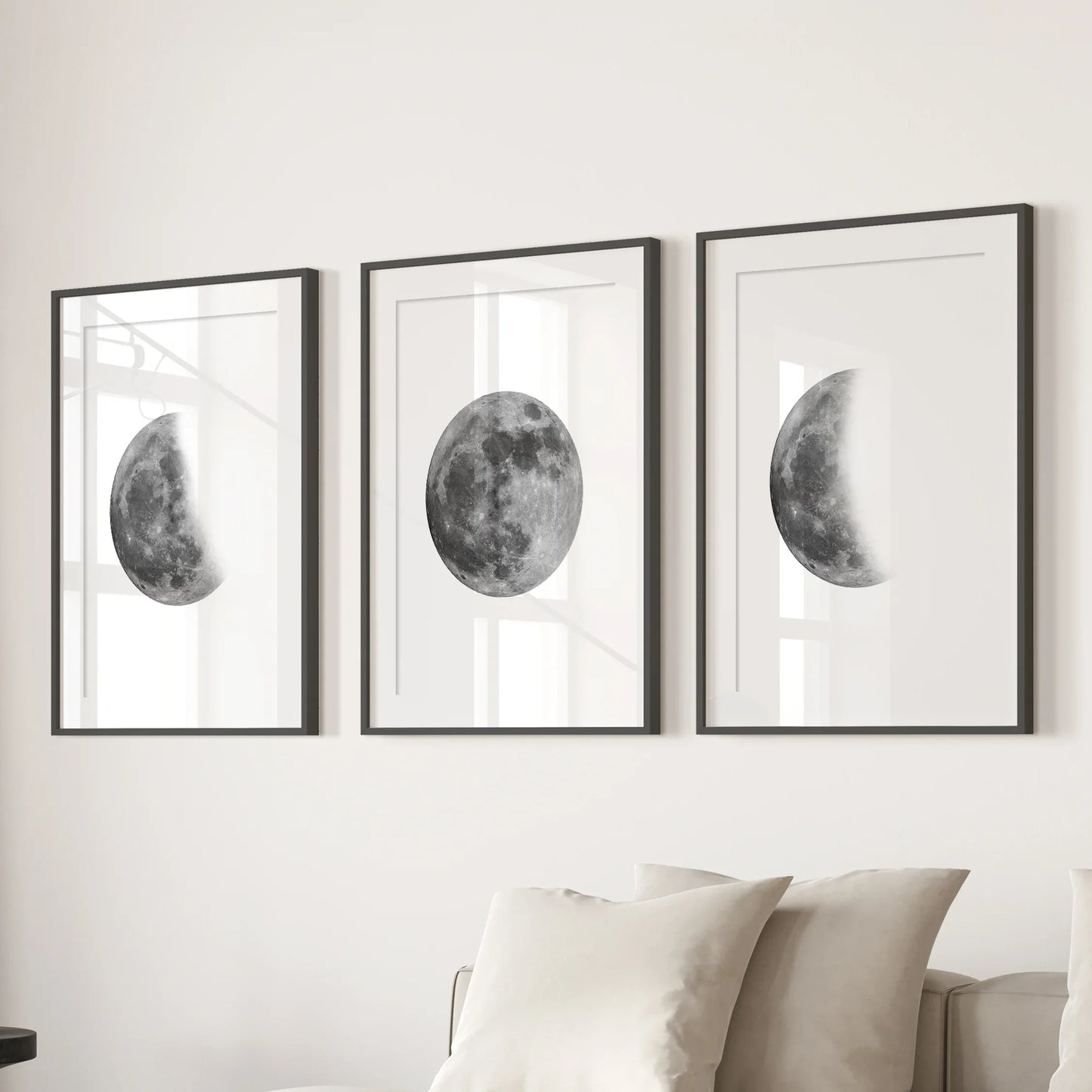 Moon Phases Set of 3 Prints – Black & White Lunar Cycle Wall Art