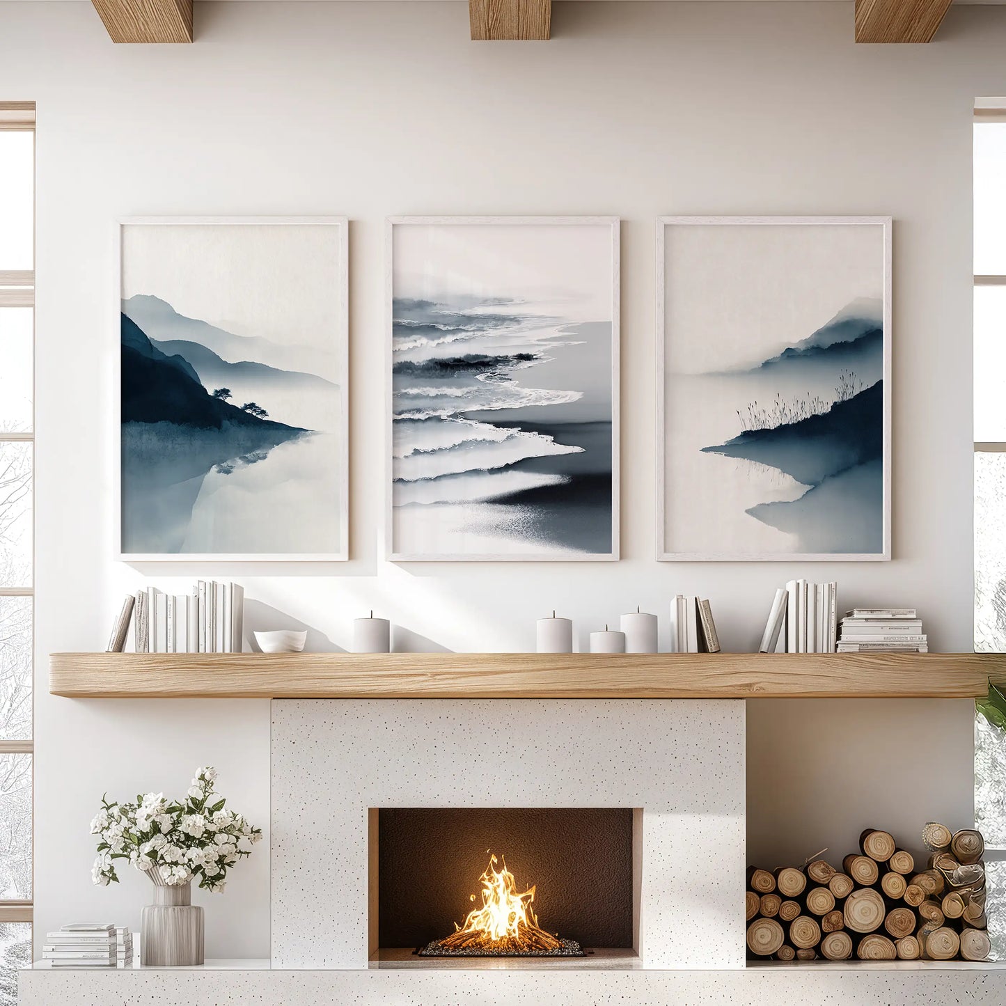 Minimalist Mountain Lake Set of 3 – Modern Landscape Wall Art