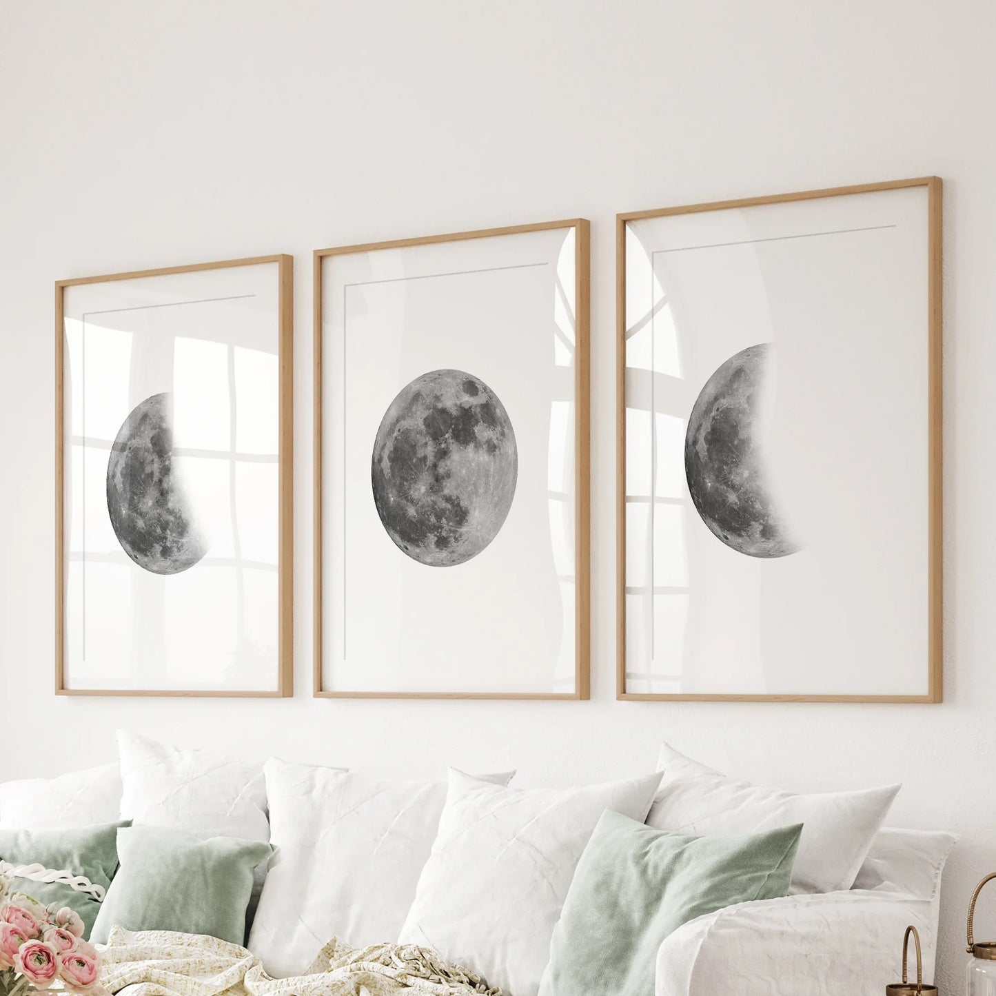 Moon Phases Set of 3 Prints – Black & White Lunar Cycle Wall Art