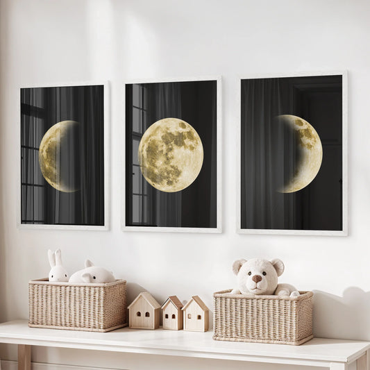 Celestial Moon Wall Art Set – 3 Piece (Gold Full Moon & Phases)