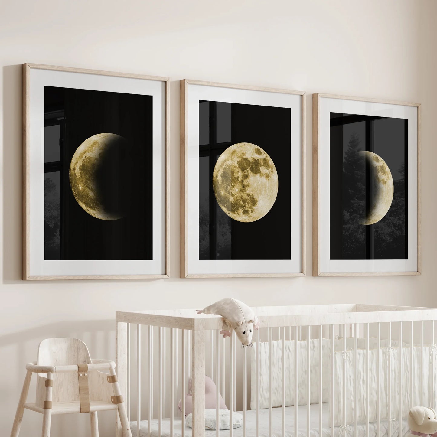 Celestial Moon Wall Art Set – 3 Piece (Gold Full Moon & Phases)