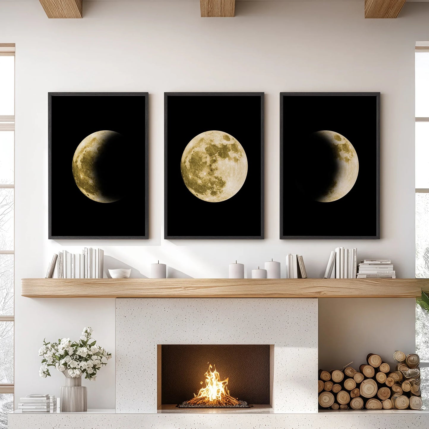 Celestial Moon Wall Art Set – 3 Piece (Gold Full Moon & Phases)