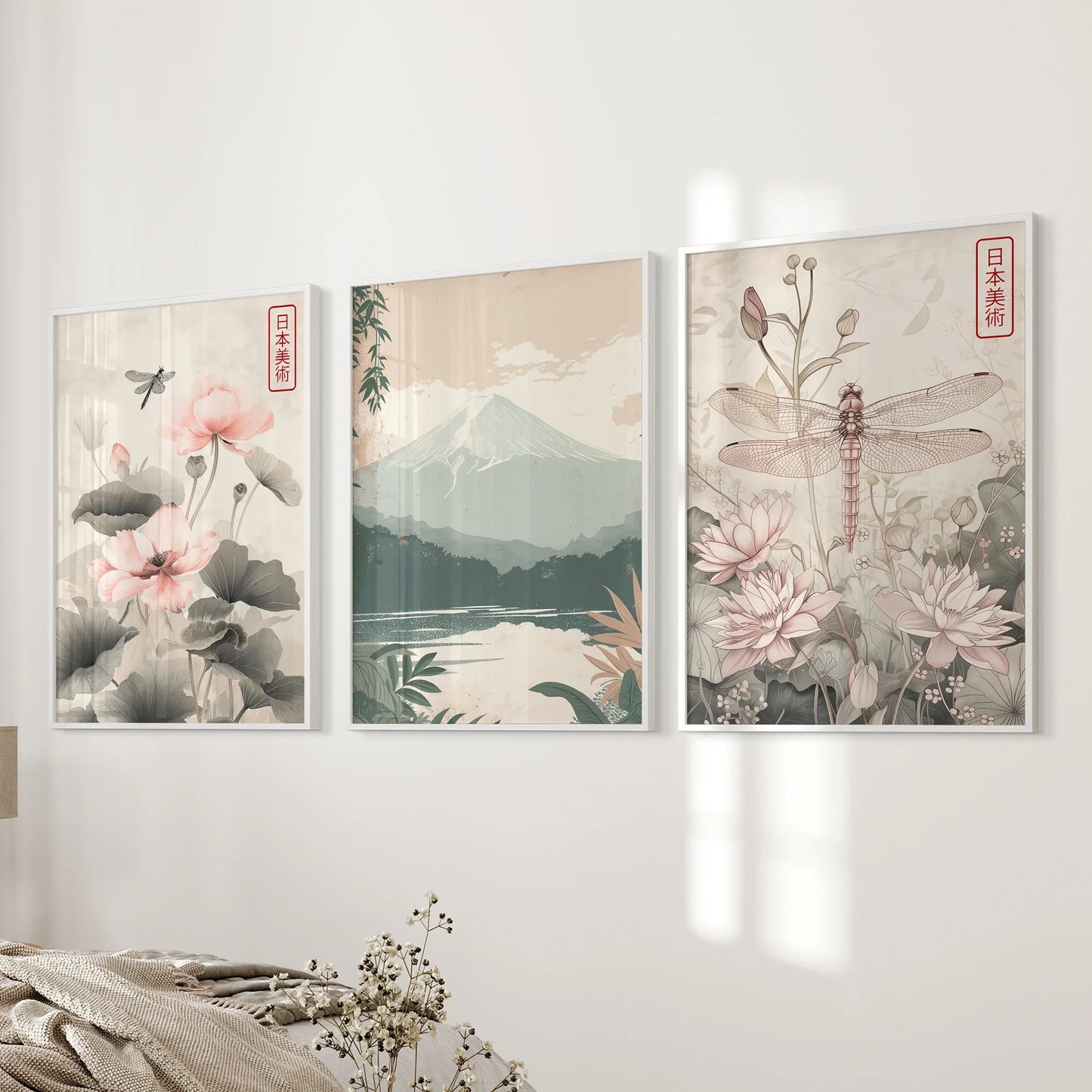 Japandi Style Floral & Mountain – 3 Piece Wall Art Set