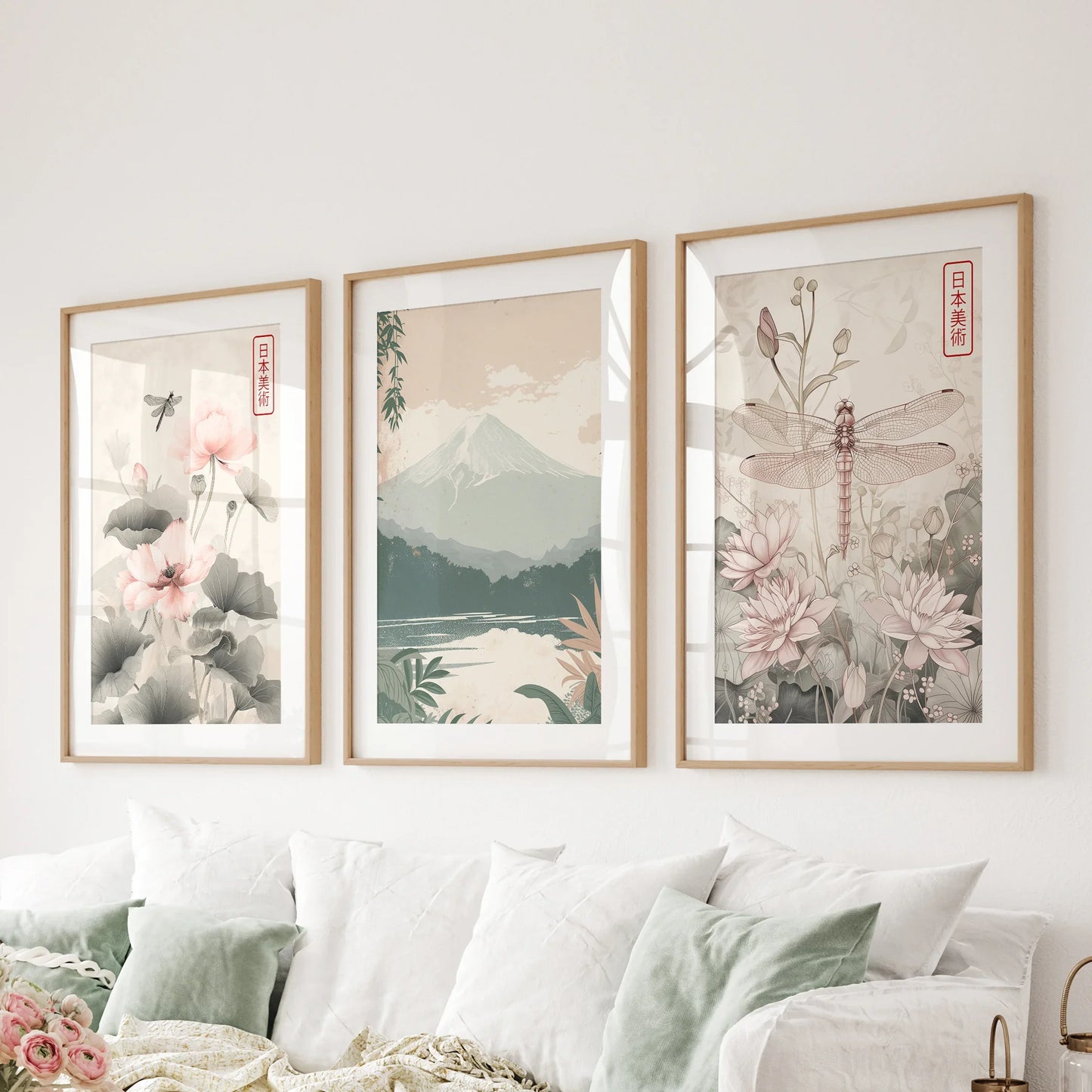 Japandi Style Floral & Mountain – 3 Piece Wall Art Set