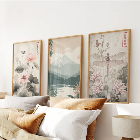 Japandi Style Floral & Mountain – 3 Piece Wall Art Set