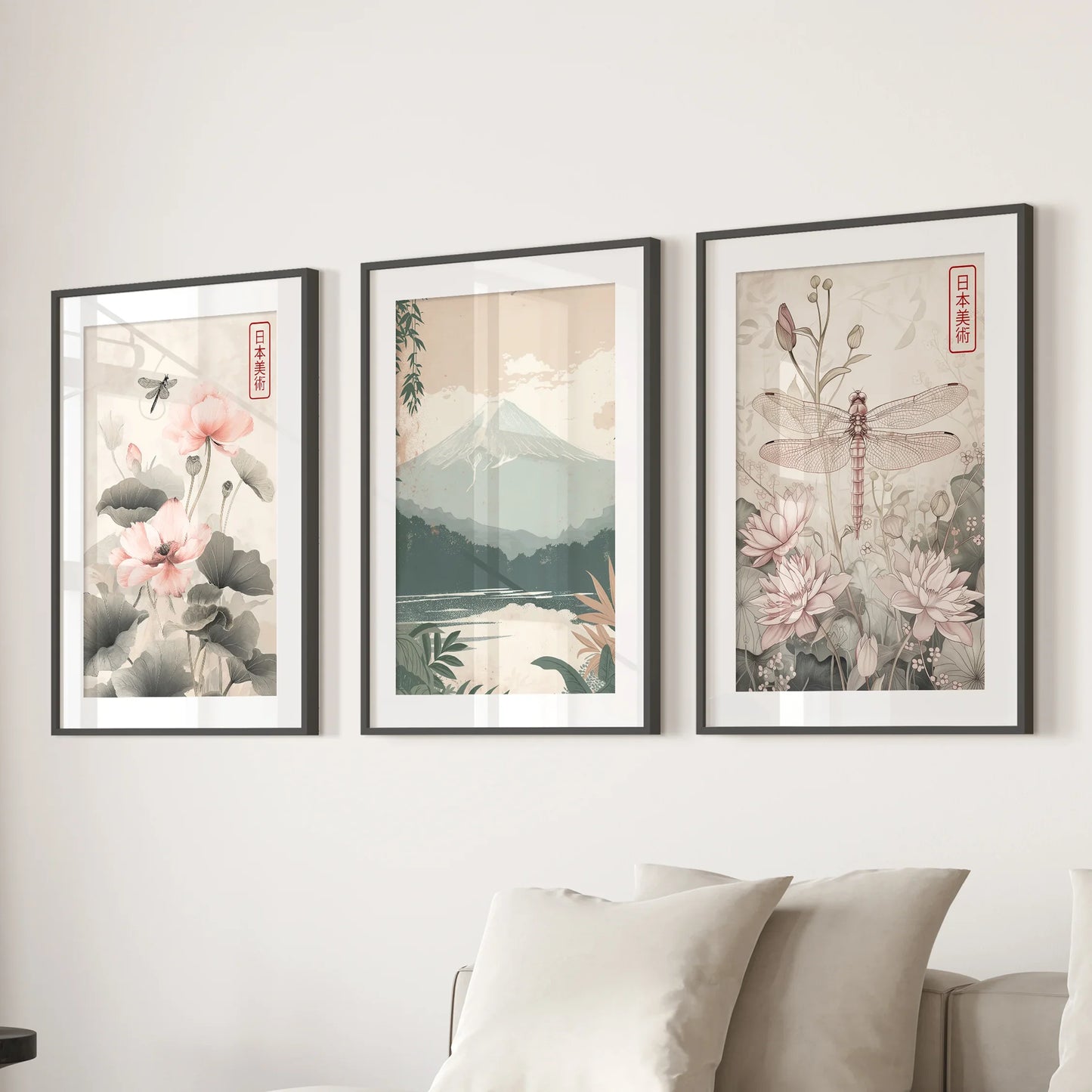 Japandi Style Floral & Mountain – 3 Piece Wall Art Set