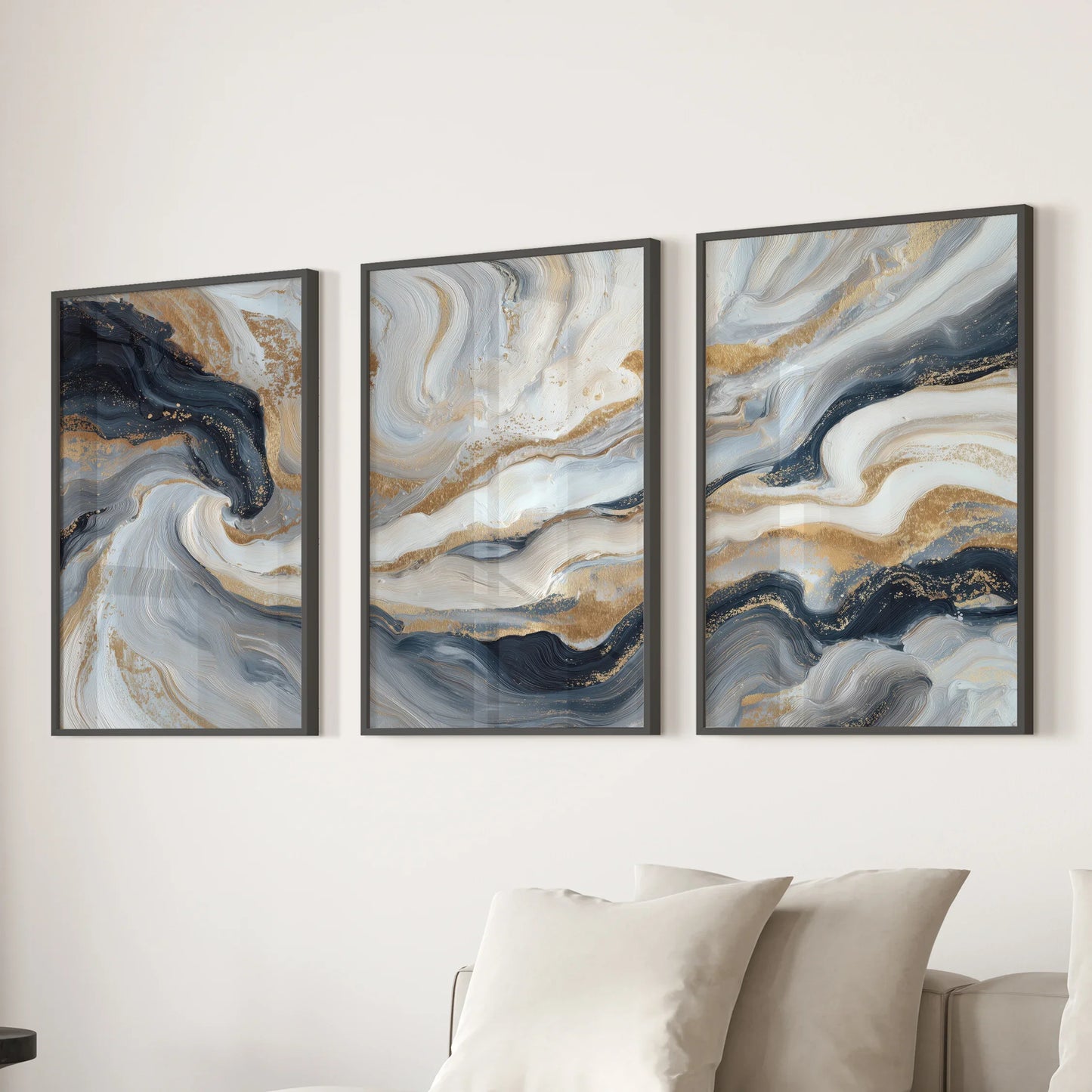 3 Piece Modern Abstract Marble Wall Art – Navy Blue & Gold