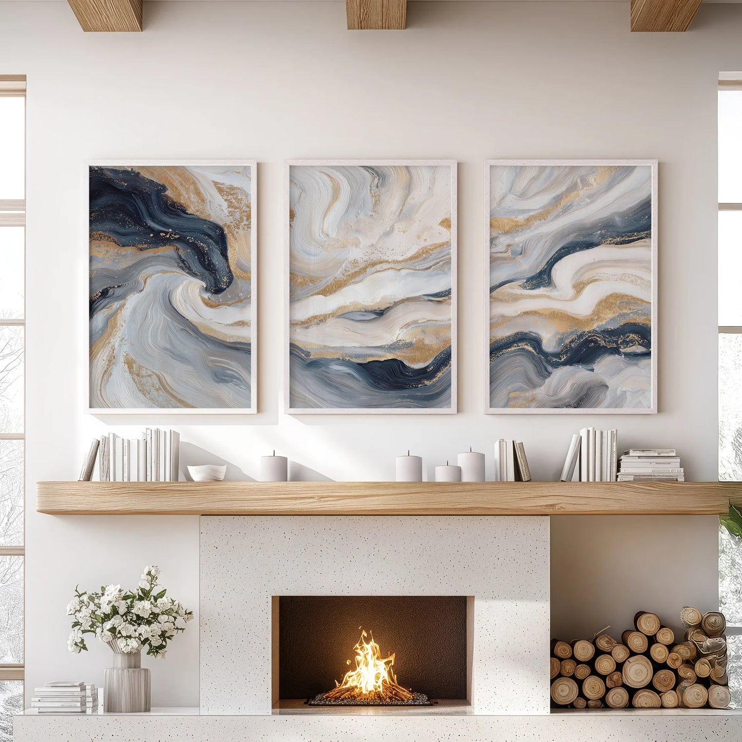 3 Piece Modern Abstract Marble Wall Art – Navy Blue & Gold