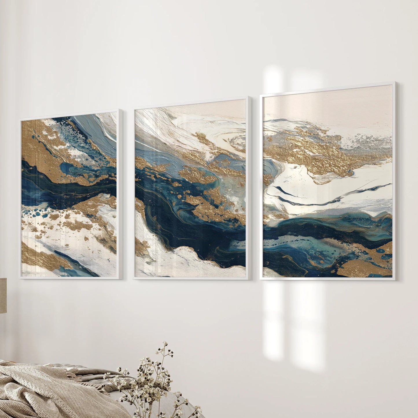 Gilded Tides – Blue & Gold Abstract Canvas Set (3 Piece)