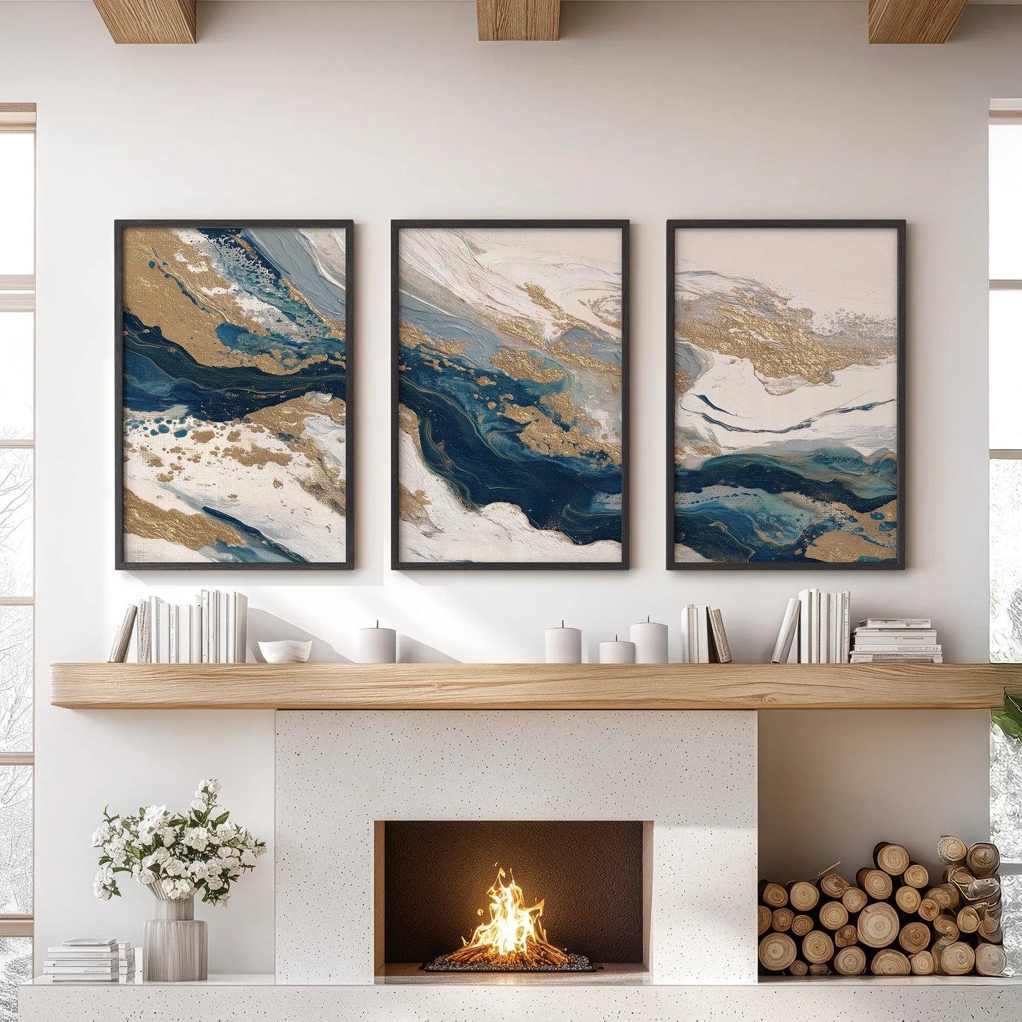 Gilded Tides – Blue & Gold Abstract Canvas Set (3 Piece)
