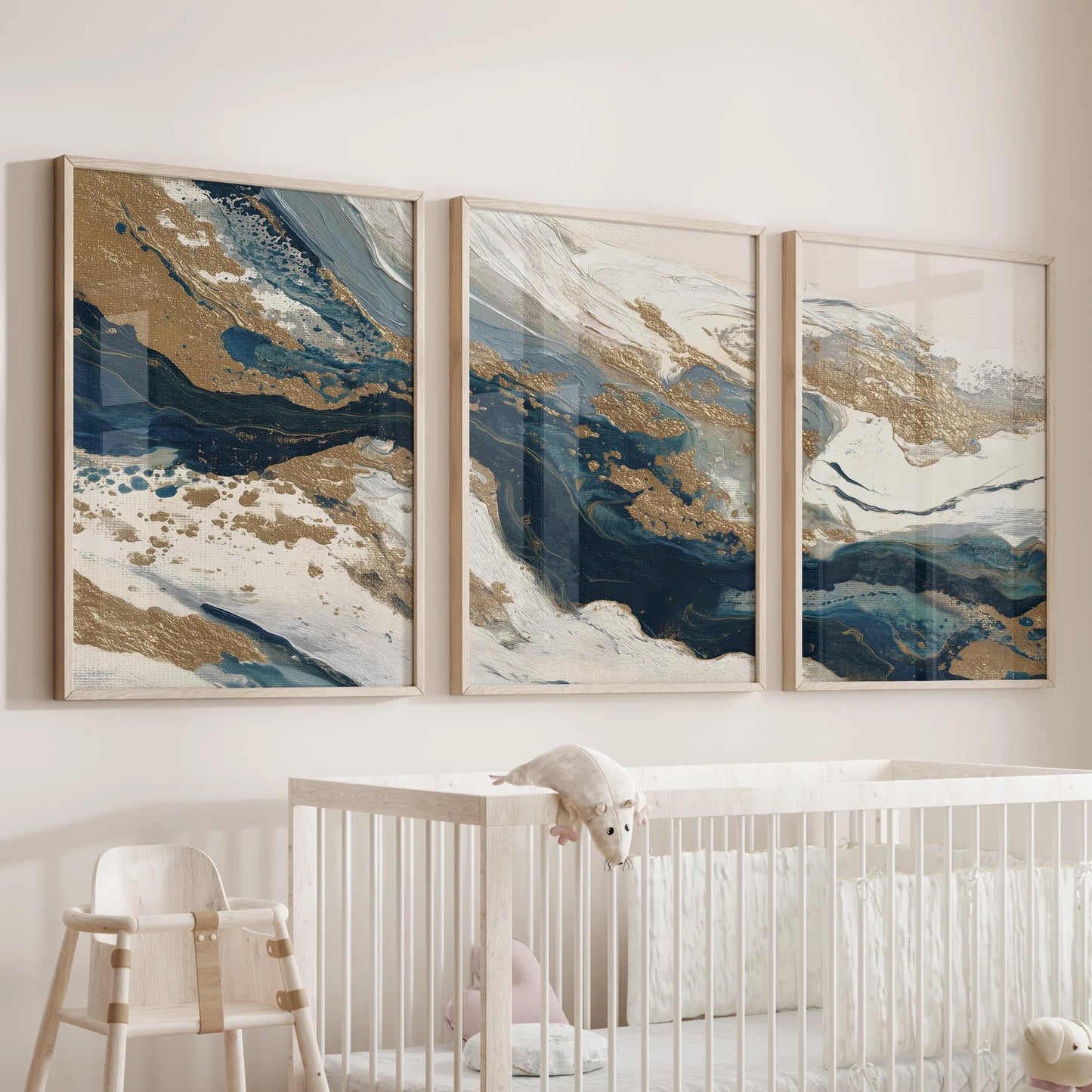 Gilded Tides – Blue & Gold Abstract Canvas Set (3 Piece)