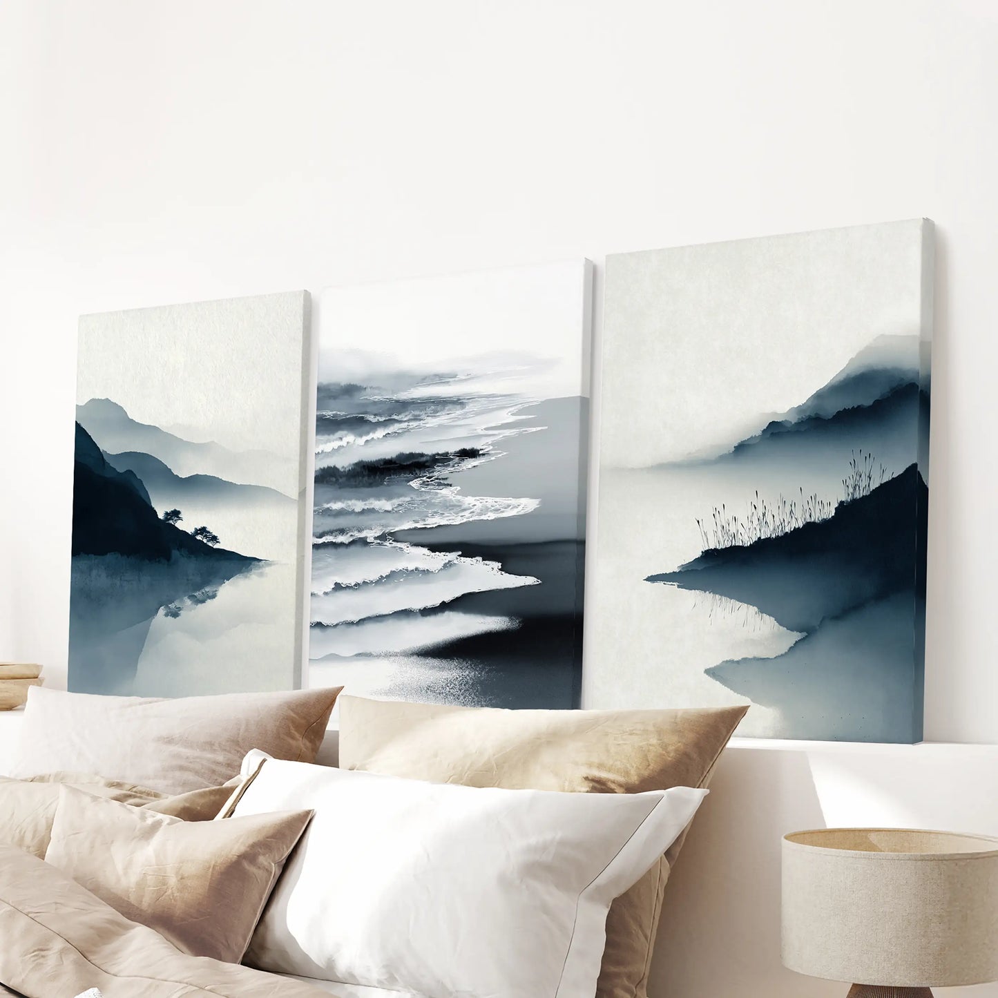Minimalist Mountain Lake Set of 3 – Modern Landscape Wall Art