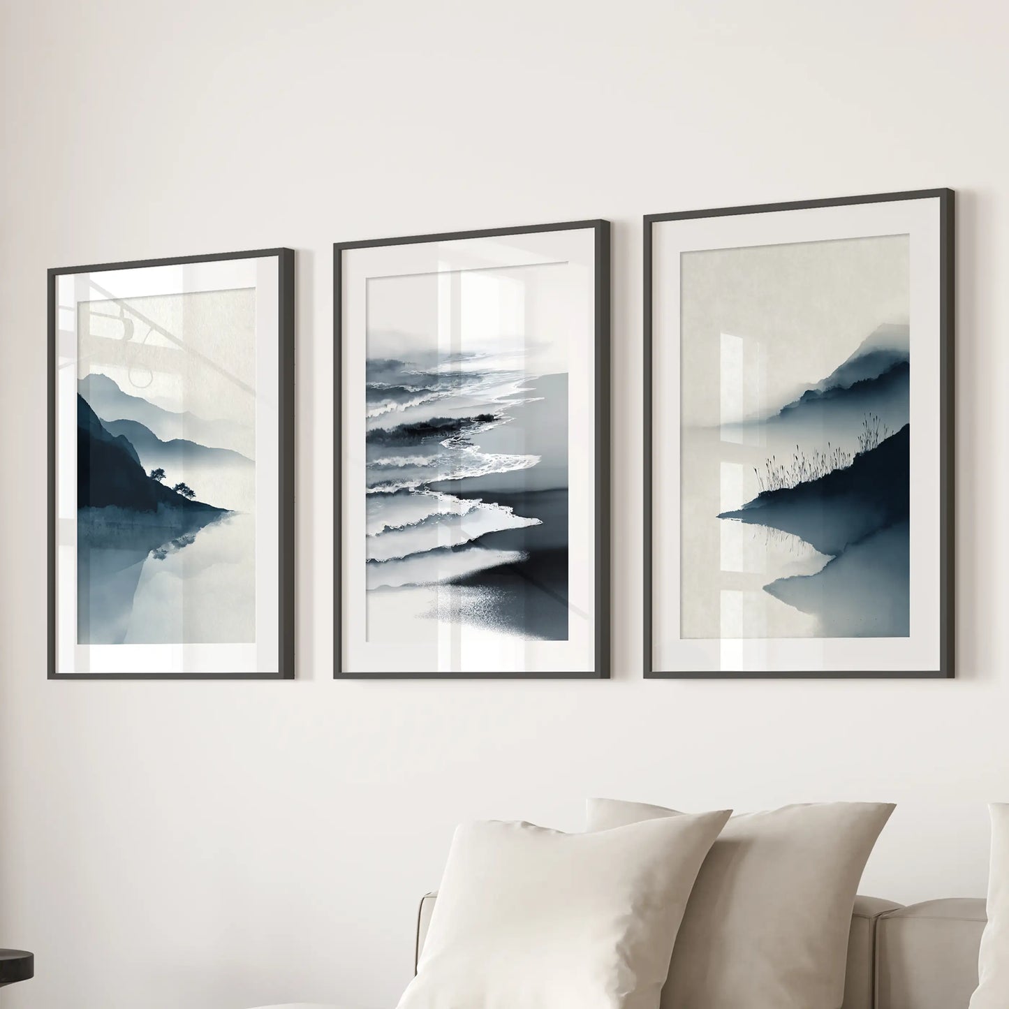 Minimalist Mountain Lake Set of 3 – Modern Landscape Wall Art