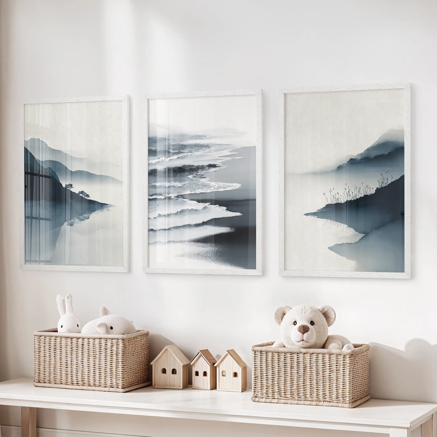 Minimalist Mountain Lake Set of 3 – Modern Landscape Wall Art