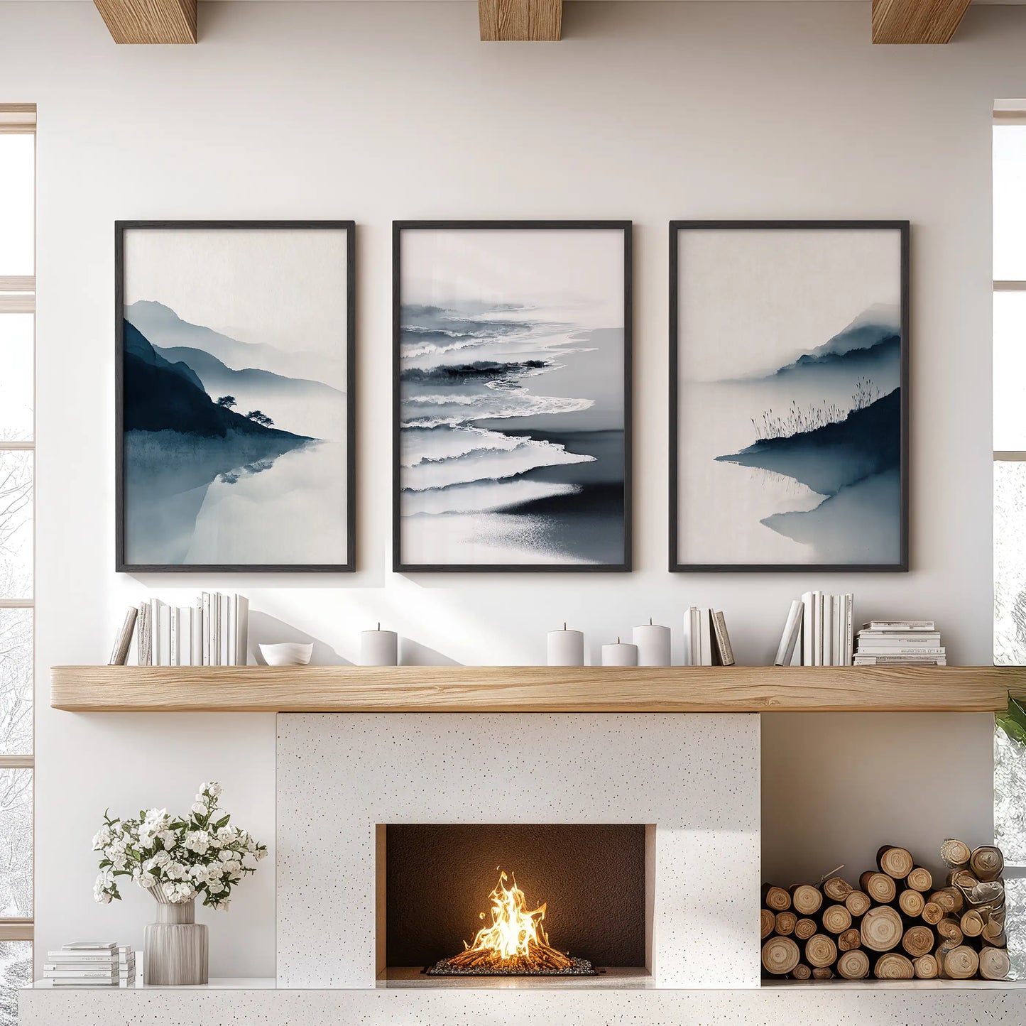 Minimalist Mountain Lake Set of 3 – Modern Landscape Wall Art