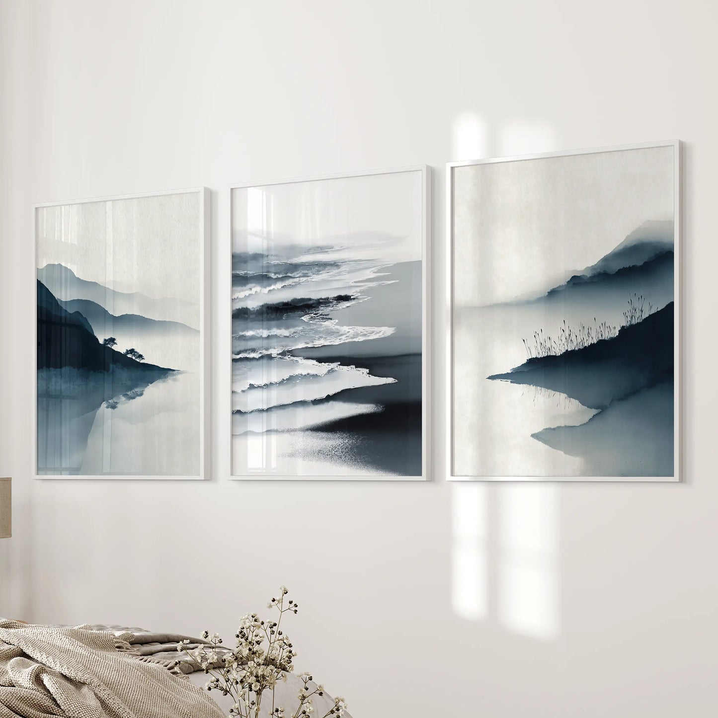 Minimalist Mountain Lake Set of 3 – Modern Landscape Wall Art