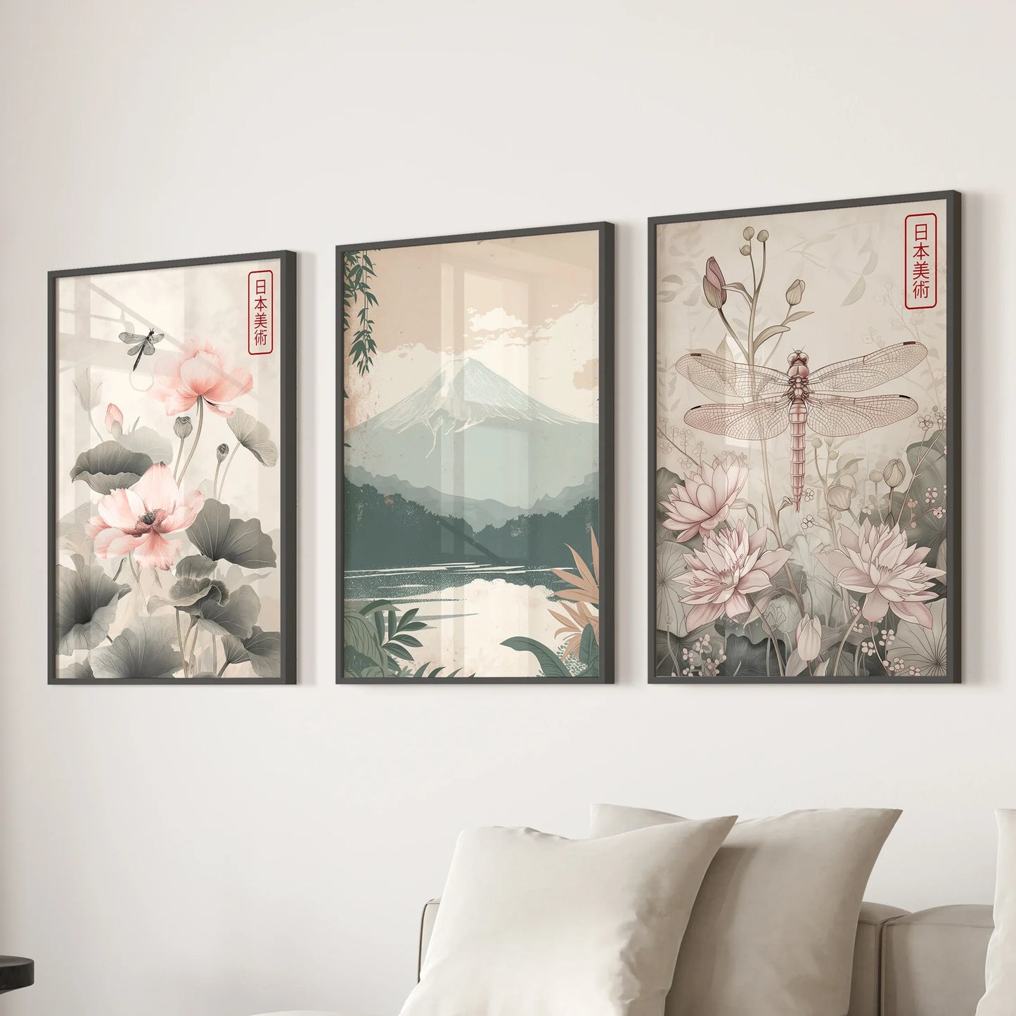 Japandi Style Floral & Mountain – 3 Piece Wall Art Set