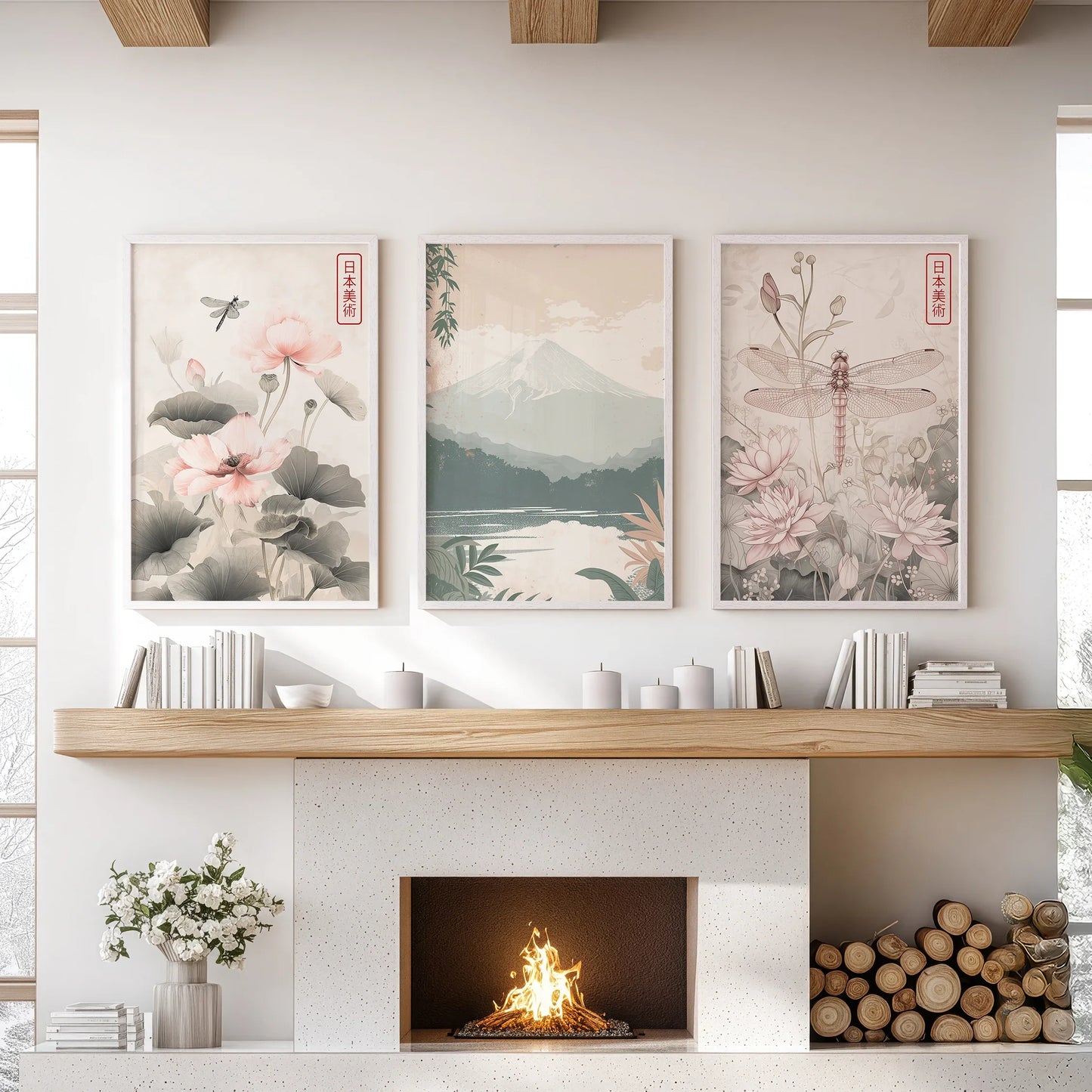Japandi Style Floral & Mountain – 3 Piece Wall Art Set
