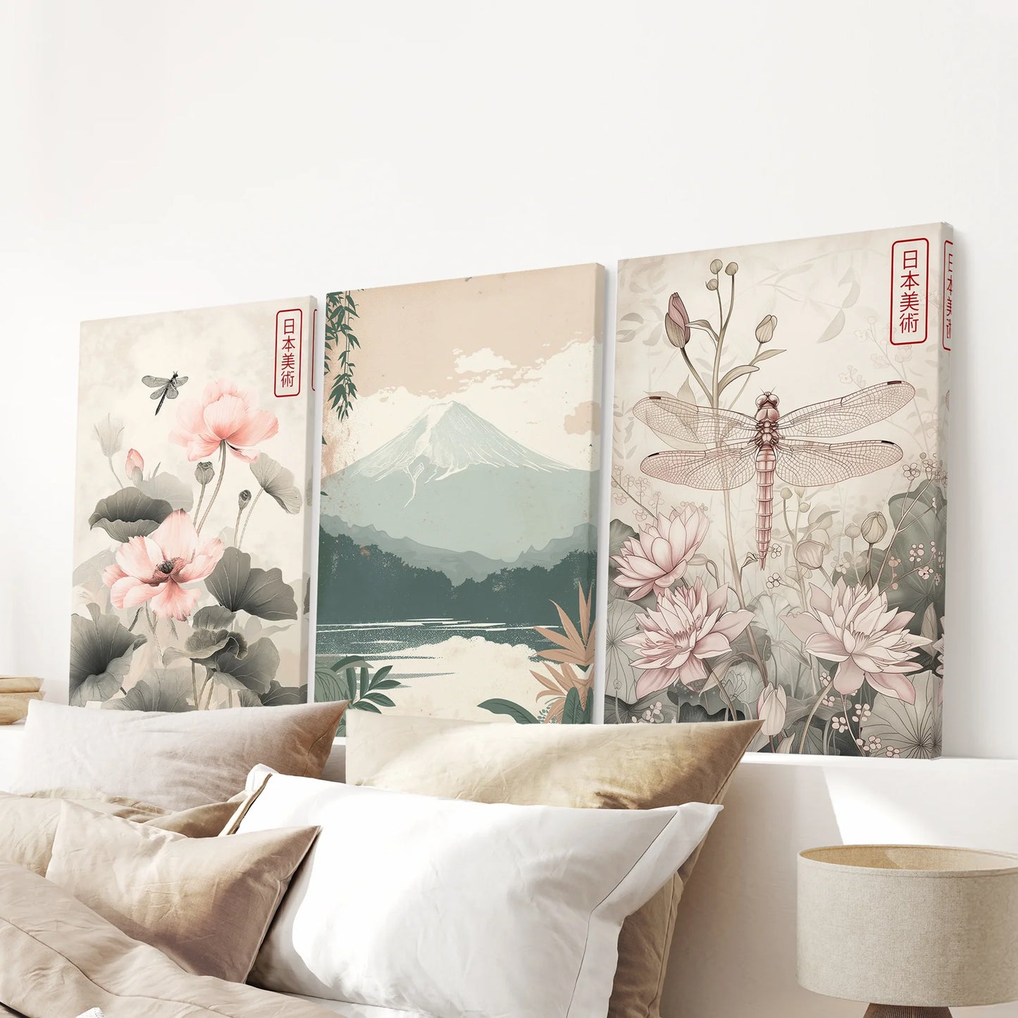 Japandi Style Floral & Mountain – 3 Piece Wall Art Set